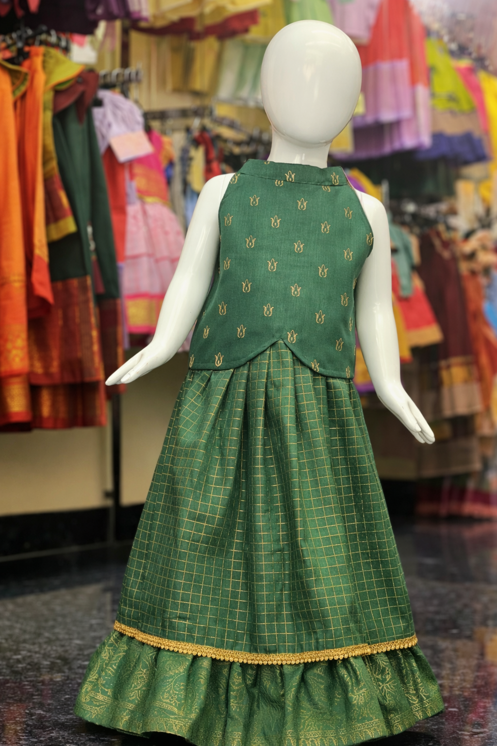 Dark Green Checked Vichithra Silk Layered Skirt Set with Butta Halter Top - Image 3