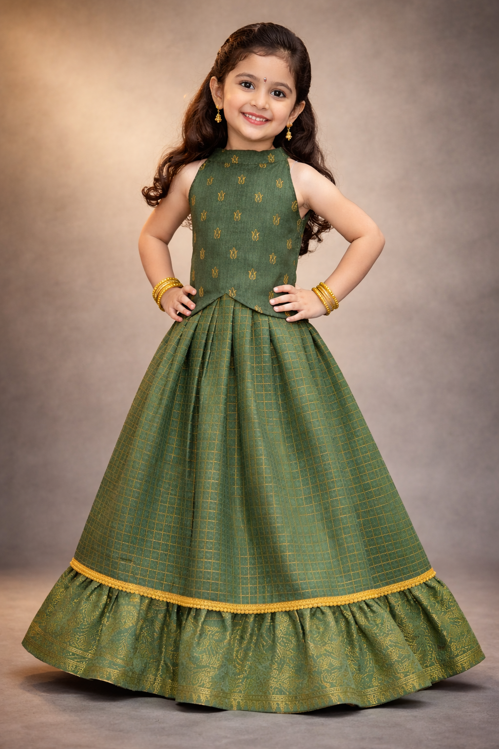 Dark Green Checked Vichithra Silk Layered Skirt Set with Butta Halter Top - Image 2