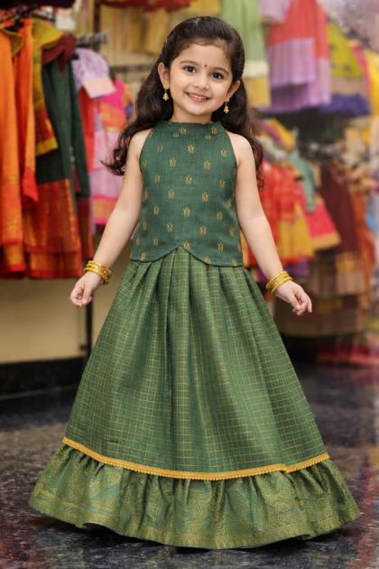 Dark Green Checked Vichithra Silk Layered Skirt Set with Butta Halter Top