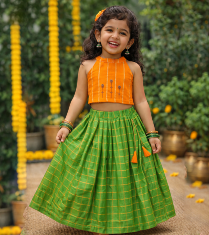 Light Green Fancy Cotton Skirt Set with Orange Striped Halter Top