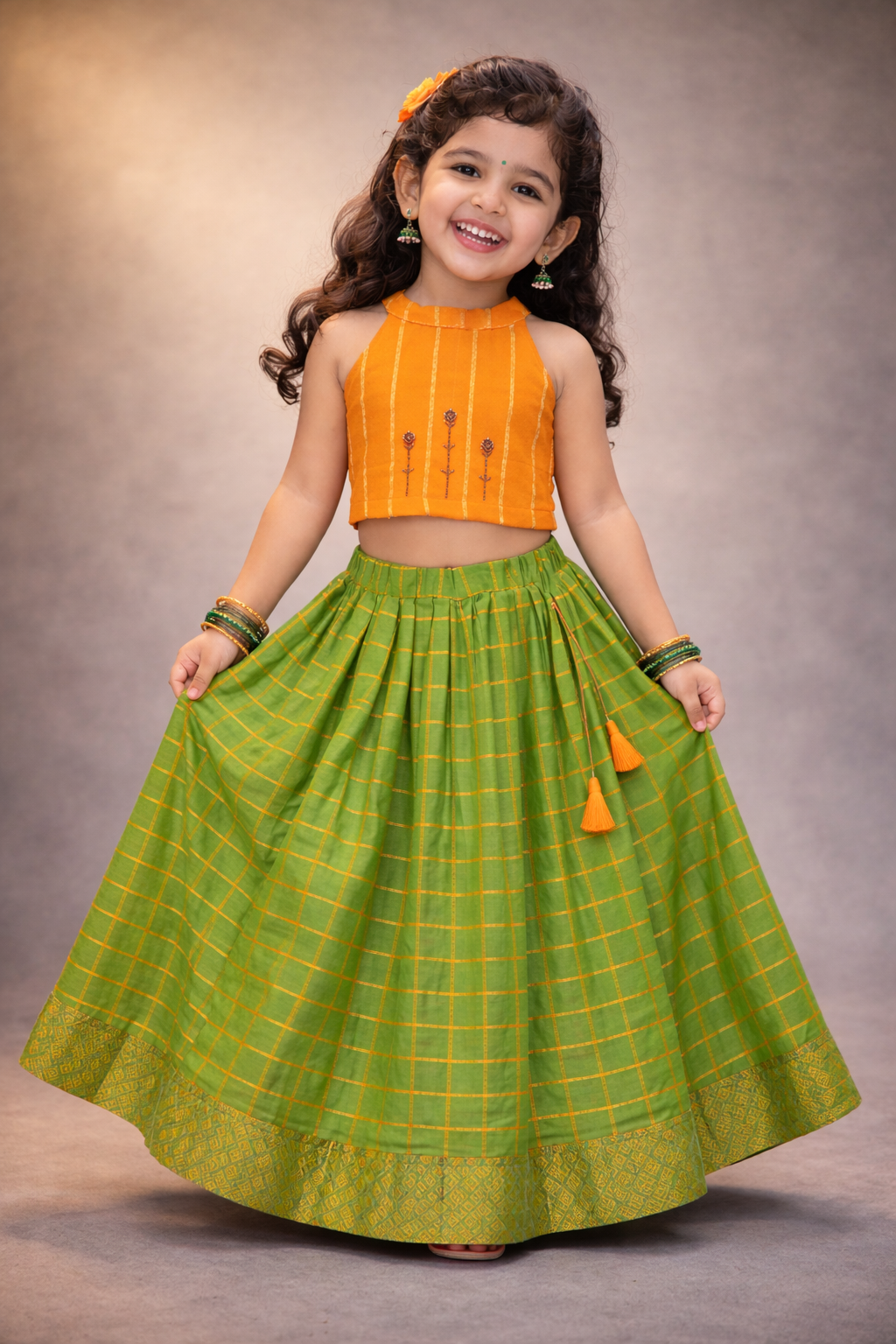 Light Green Fancy Cotton Skirt Set with Orange Striped Halter Top - Image 3