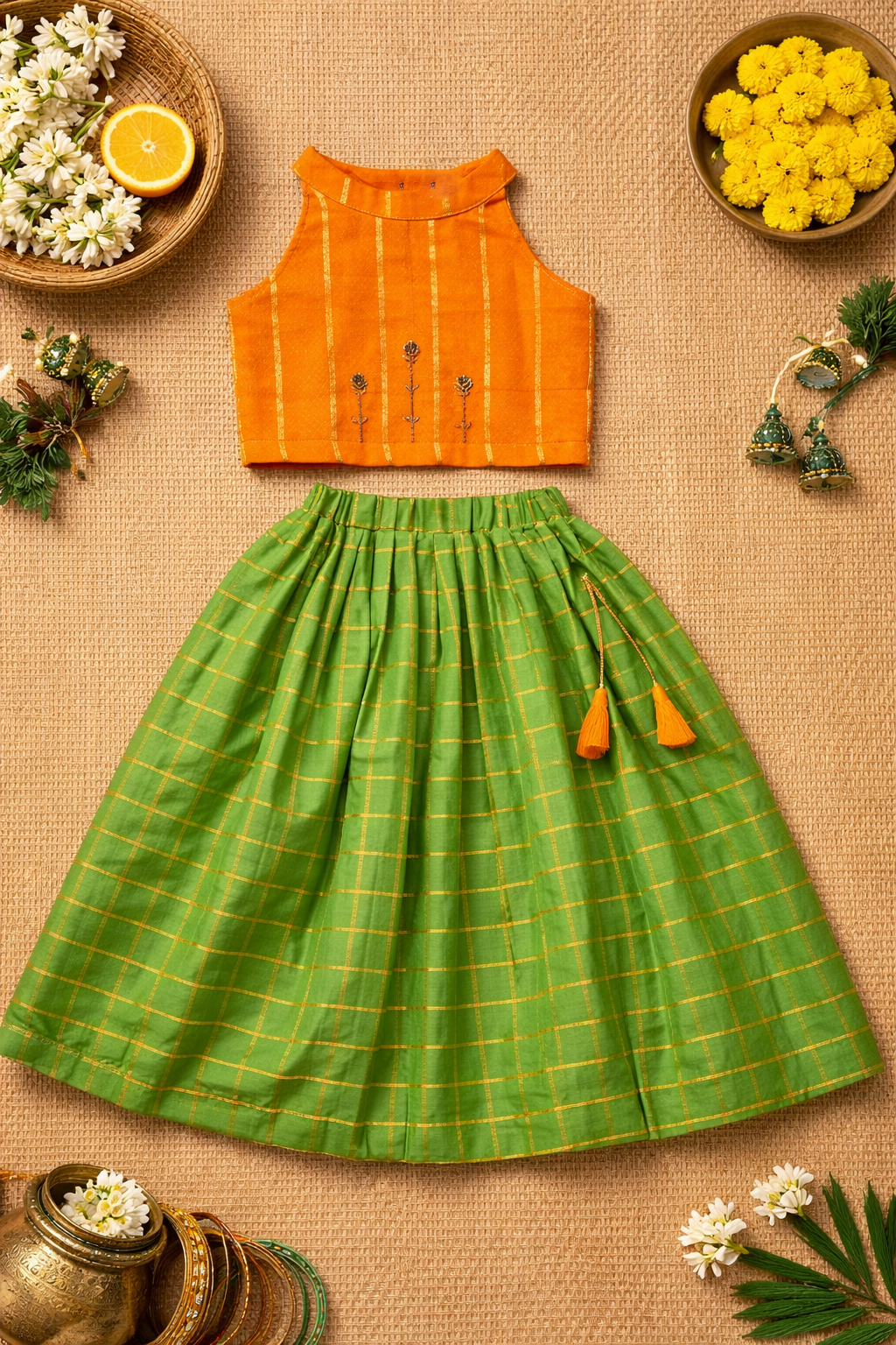 Light Green Fancy Cotton Skirt Set with Orange Striped Halter Top - Image 2