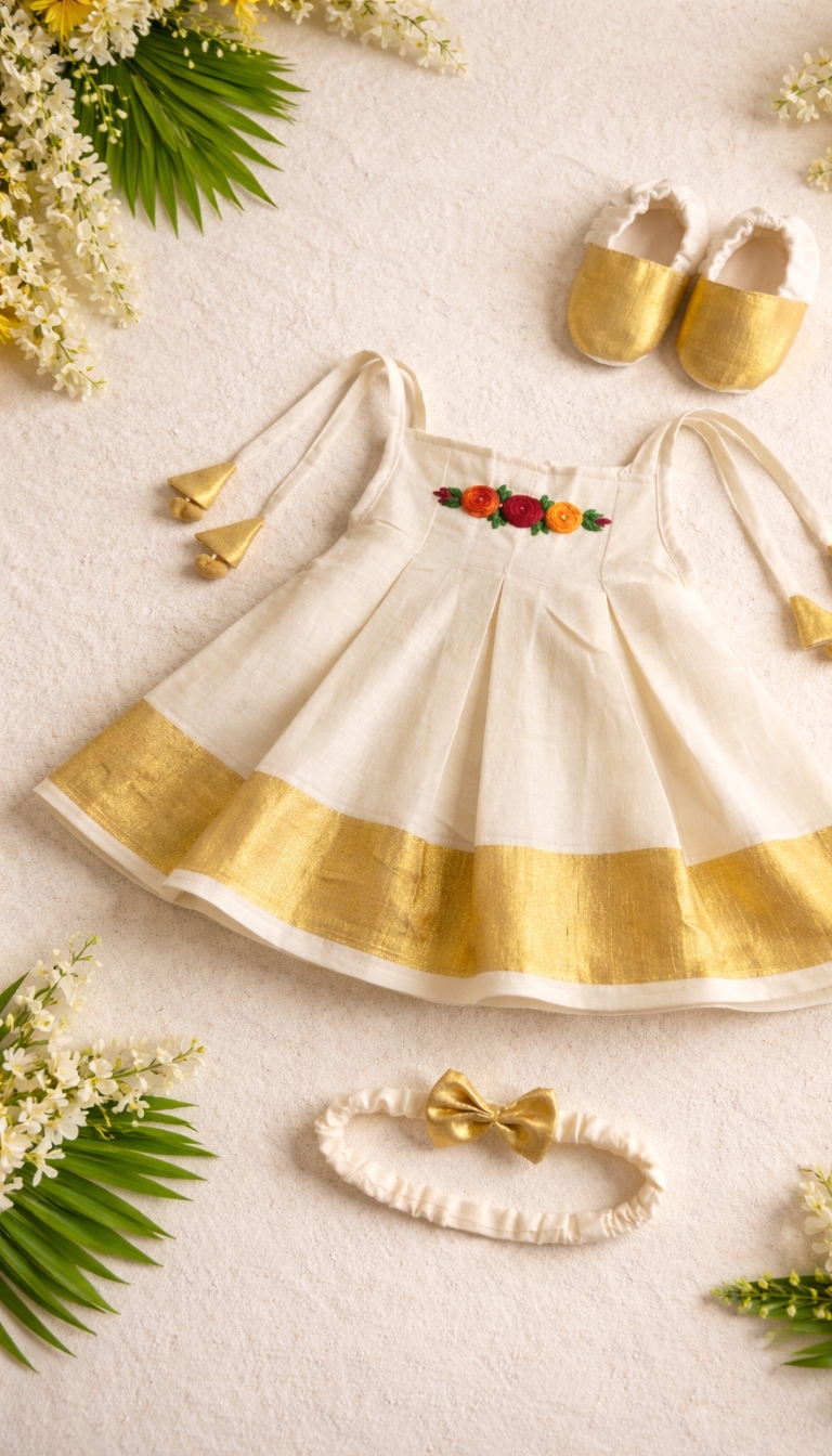 Floral Embroidery Kasavu Knot Frock for Newborn (0–3 Months) – Traditional Baby Wear - Image 3