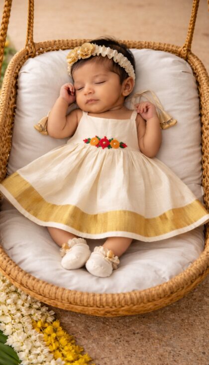 Floral Embroidery Kasavu Knot Frock for Newborn (0–3 Months) – Traditional Baby Wear