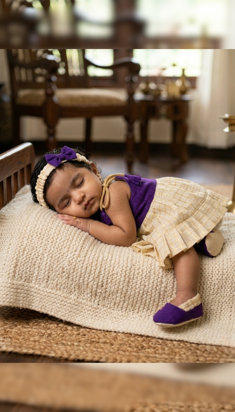 Purple Raw Silk & Checked Kasavu Tie-Knot Baby Frock Set with Booties & Headband (0–3 Months) - Image 3
