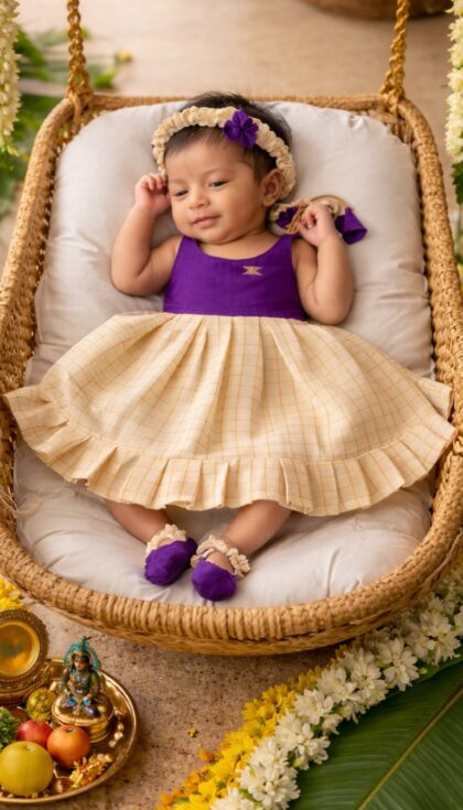 Purple Raw Silk & Checked Kasavu Tie-Knot Baby Frock Set with Booties & Headband (0–3 Months)