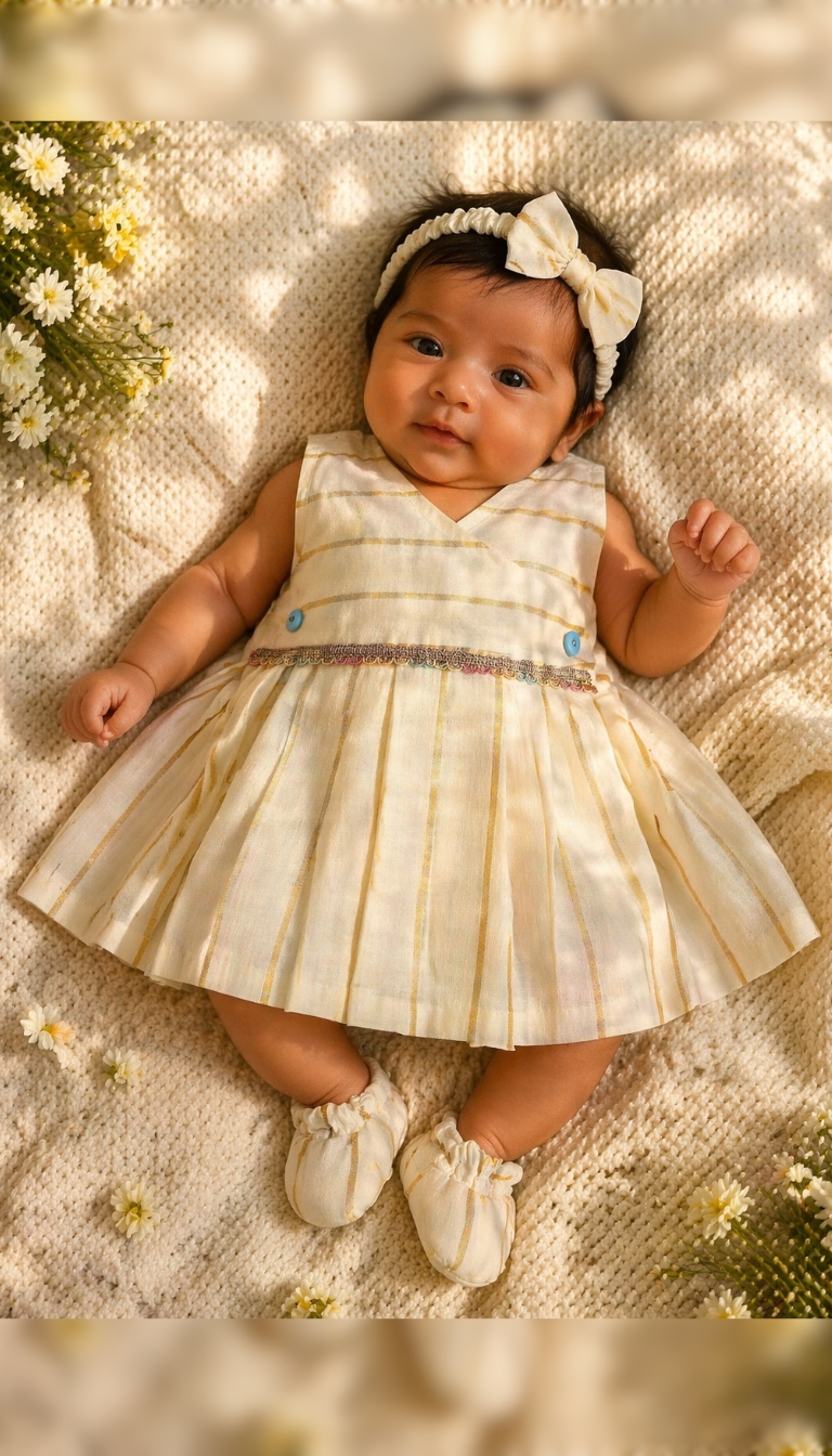 Striped Kasavu Cross-Button Baby Frock Set with Booties & Headband (0–3 Months)